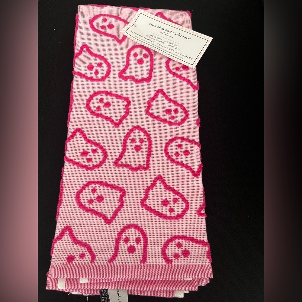 Cupcakes & Cashmere Pink Ghost Halloween Dish Towel Set of 2 NWT